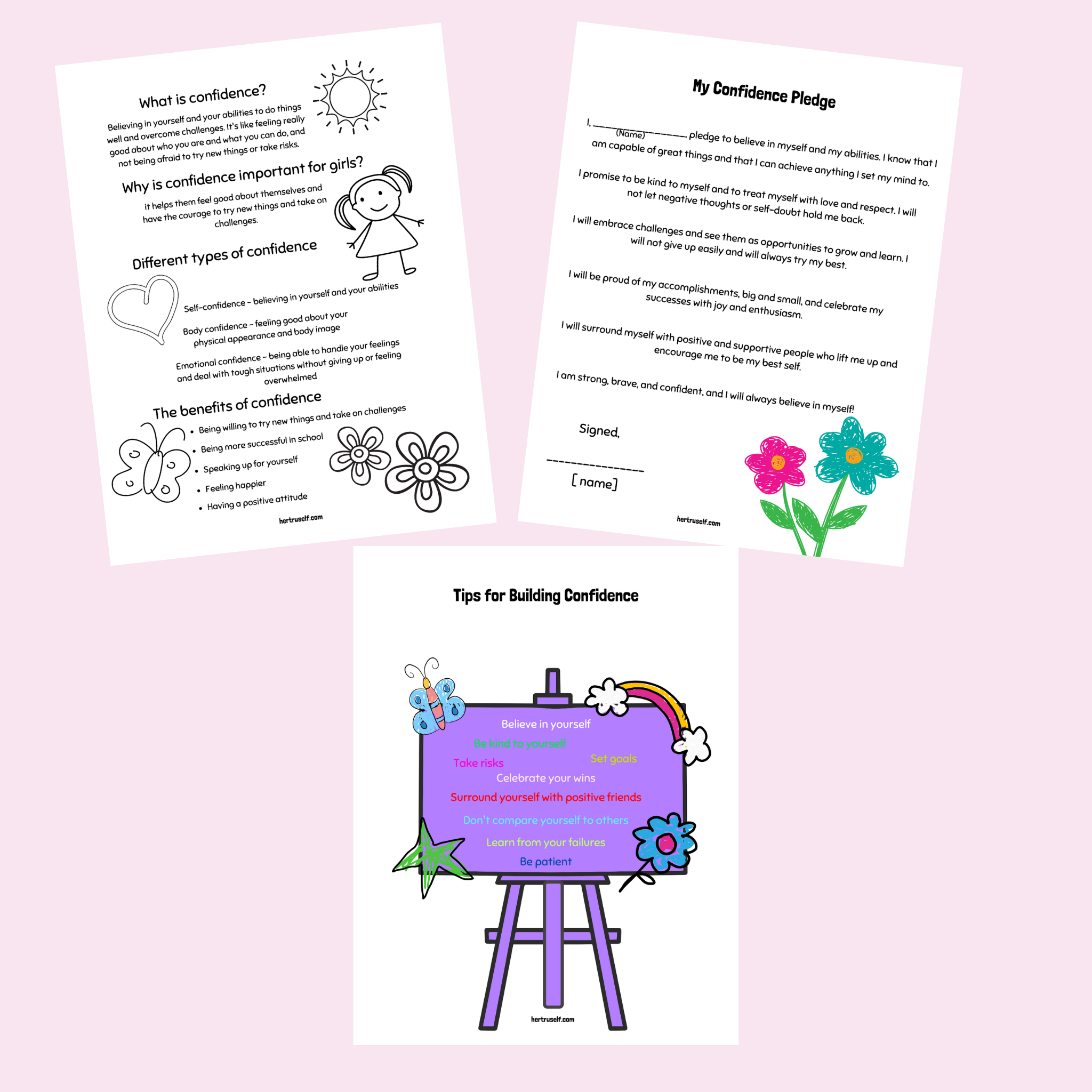 HerTruSelf Build Confidence Kit: Printable worksheets and activities designed for girls to develop confidence and overcome self-doubt. This 34-page workbook teaches girls to face challenges, discover strengths, and cultivate positive inner dialogue. Includes My Inner Critic vs. My Inner Cheerleader, Talking to Myself Nicely, My Body, My Superhero, and more! Instant digital download in PDF format for US Letter size. Purchase once and print as many copies as you like. 
